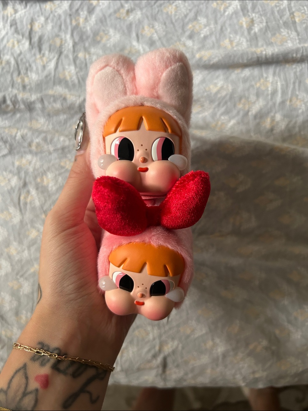 Pink Bunny Twin Plush Toy with Red Bow - Bag Charm